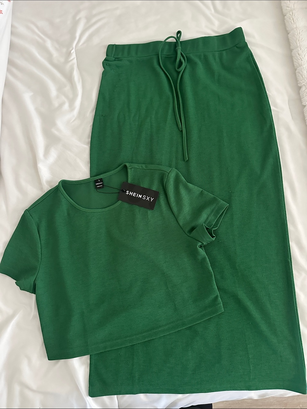 SHEIN Green Ribbed Crop Top & Drawstring Maxi Skirt Set
